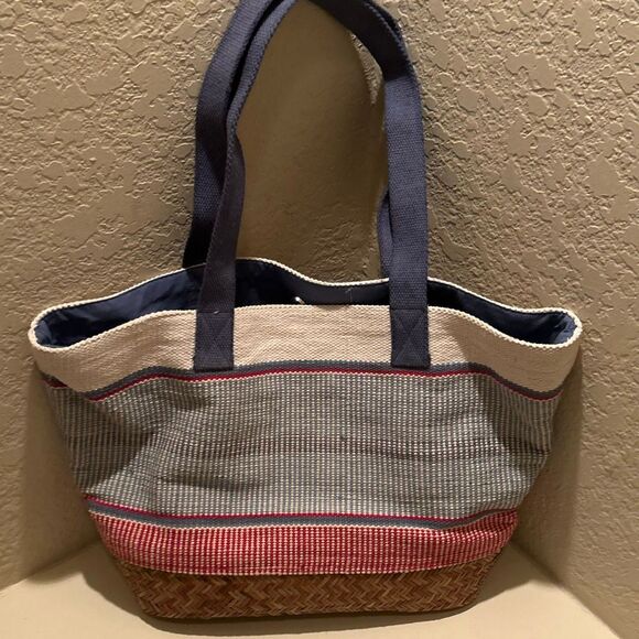 Guadalupe Aruba Tote Red White Blue Wide Stripe Cotton Canvas Prep Nautical NWT - Picture 3 of 10